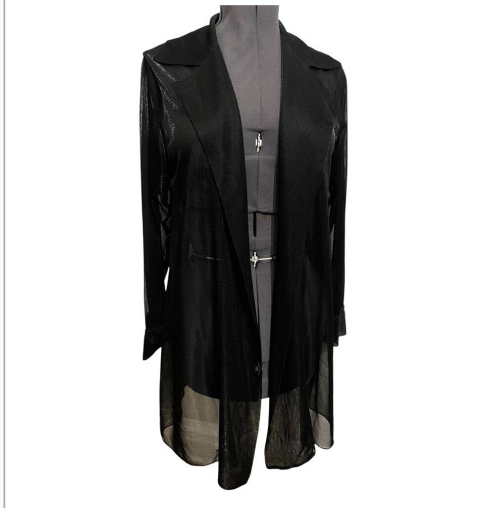 Vintage Patra Open Front Sheet Cardigan Size Medium Black Shiny Glam Lightweight